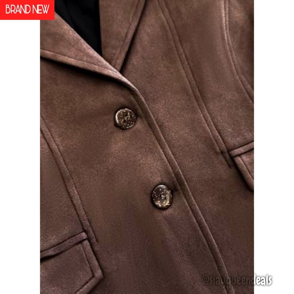 Vintage Faux Suede Blazer Slim Fit Lapel Jacket with Pockets Work Casual - Picture 5 of 7